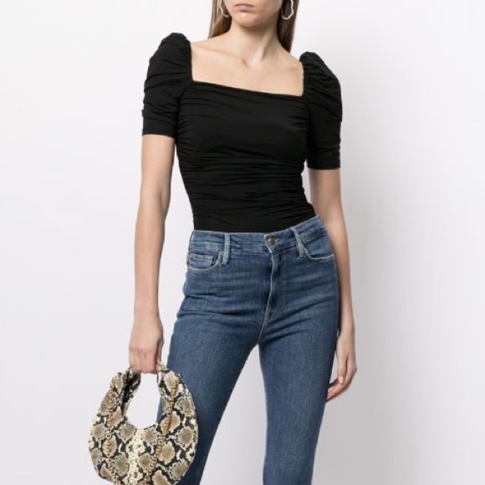 Frame Stretch Betty Top Puff Short Sleeve Black Knit Ruched Sides XS